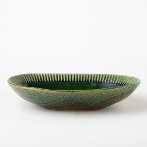 宋艸窯　しのぎ楕円鉢　緑