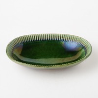 宋艸窯　しのぎ楕円鉢　緑