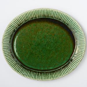 宋艸窯　しのぎ楕円皿　特大　緑