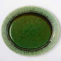 宋艸窯　しのぎ楕円皿　特大　緑