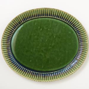 宋艸窯　しのぎ楕円皿　大　緑