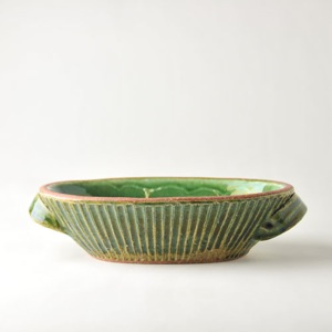 宋艸窯　しのぎ楕円グラタン皿　小　緑