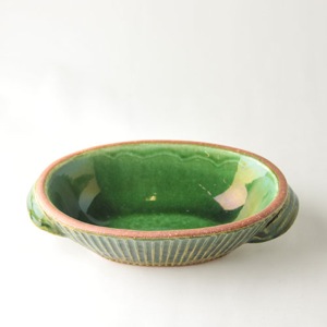 宋艸窯　しのぎ楕円グラタン皿　小　緑